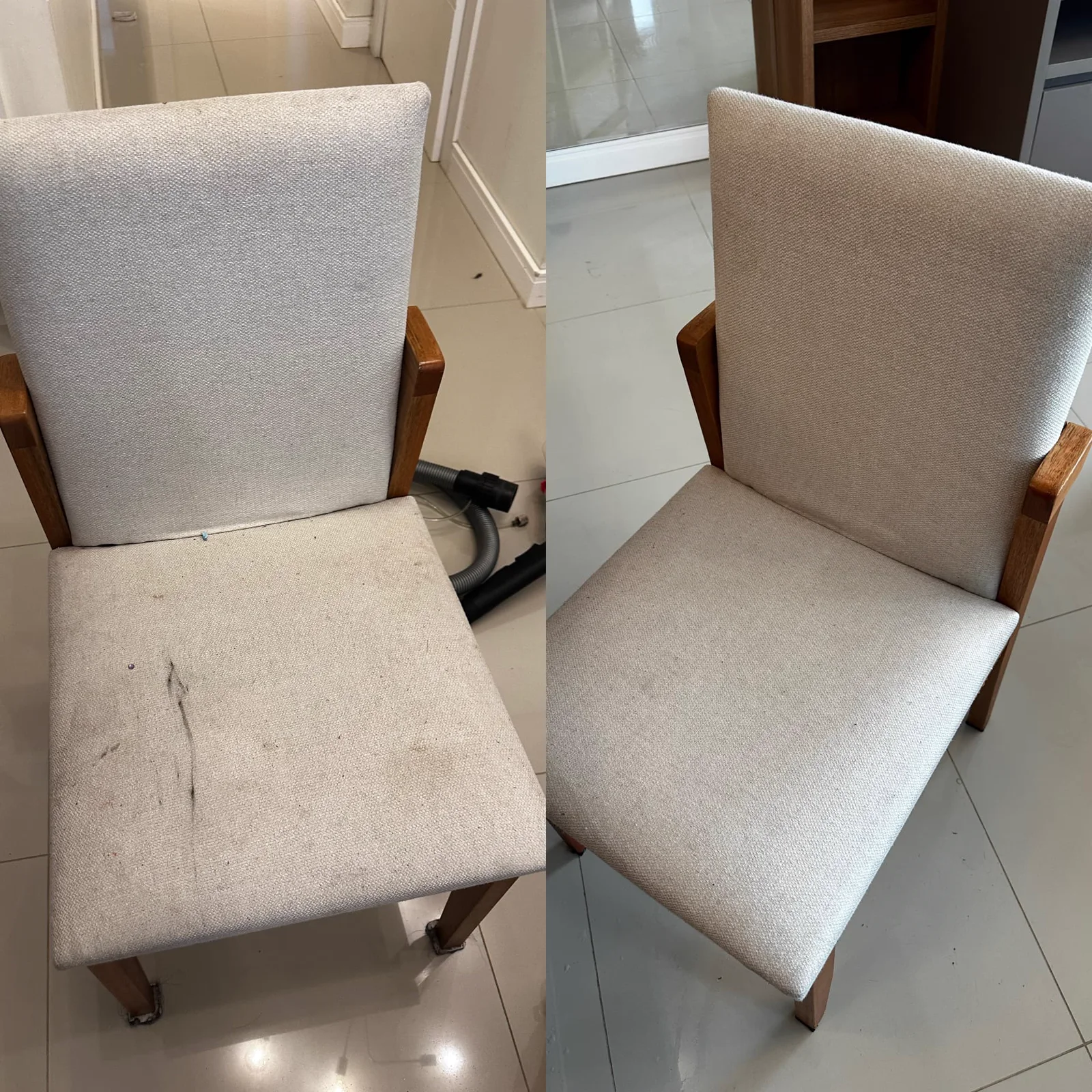 Cadeira antes e depois da higienização, lado esquerdo antes e lado direito depois