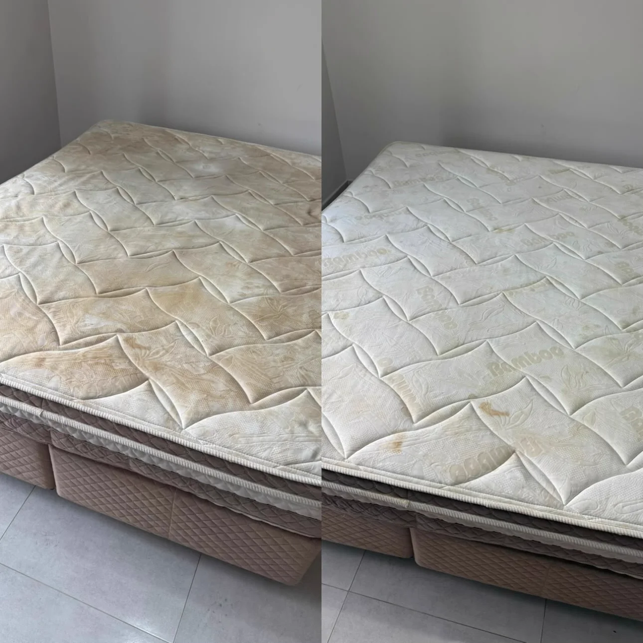 Colchão antes e depois da higienização, lado esquerdo antes e lado direito depois