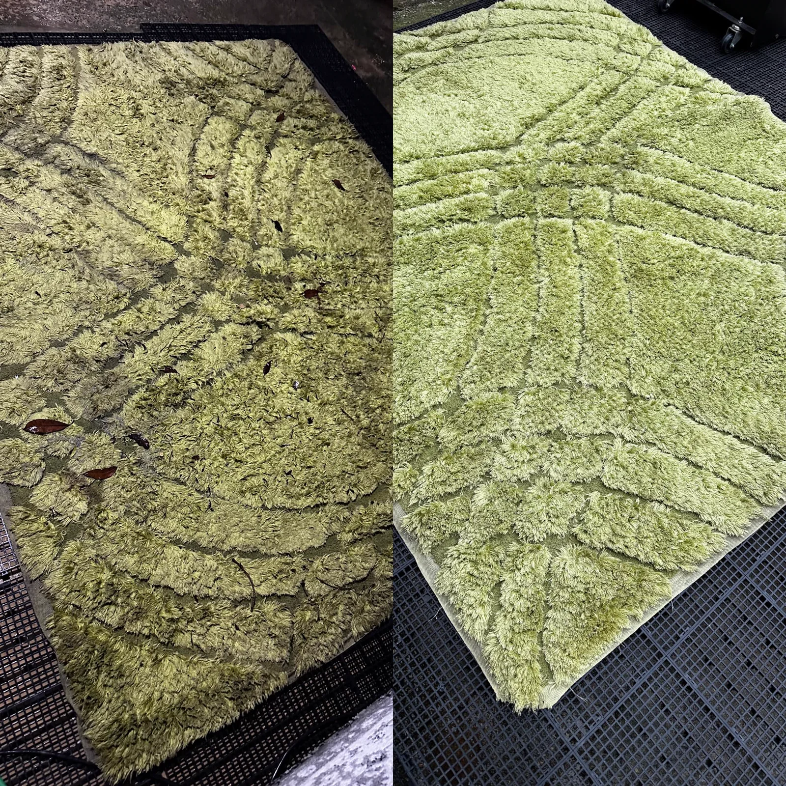 Tapete verde antes e depois da higienização, lado esquerdo antes e lado direito depois