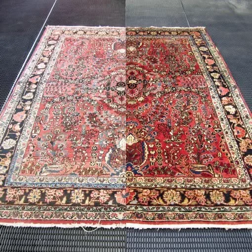 Tapete vermelho antes e depois da higienização, lado esquerdo antes e lado direito depois